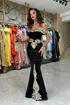 Fabulous Floor Length Off-The-Shoulder Mermaid Black Prom Dress with Appliques by misshow.com