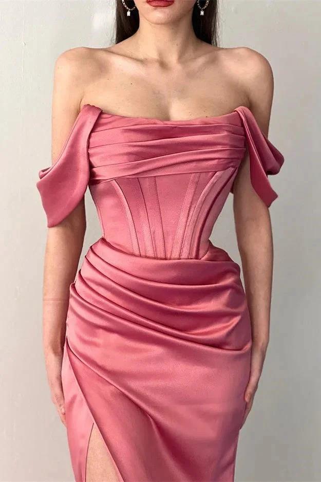 Fabulous Floor Length Off-The-Shoulder Mermaid Satin Prom Dress with Split by misshow.com