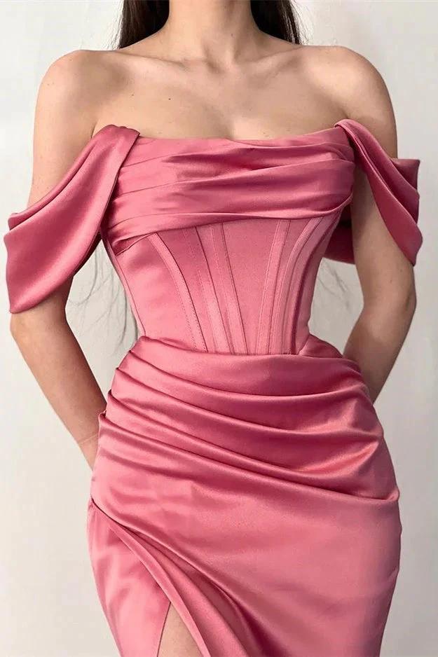 Fabulous Floor Length Off-The-Shoulder Mermaid Satin Prom Dress with Split by misshow.com