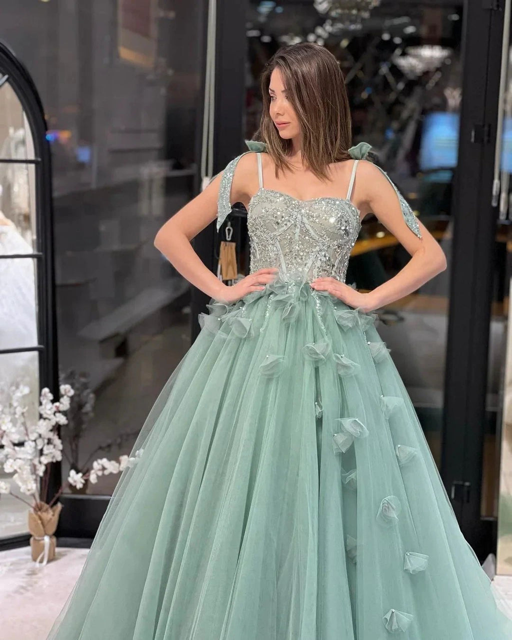 Fabulous Floor Length Sweetheart Sleeveless A-Line Tulle Wedding Dress with Sequins by misshow.com