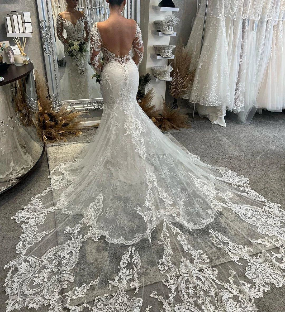 Fabulous Floor Length V-Neck Long Sleeves Mermaid Lace Wedding Dress with Chapel Train by misshow.com