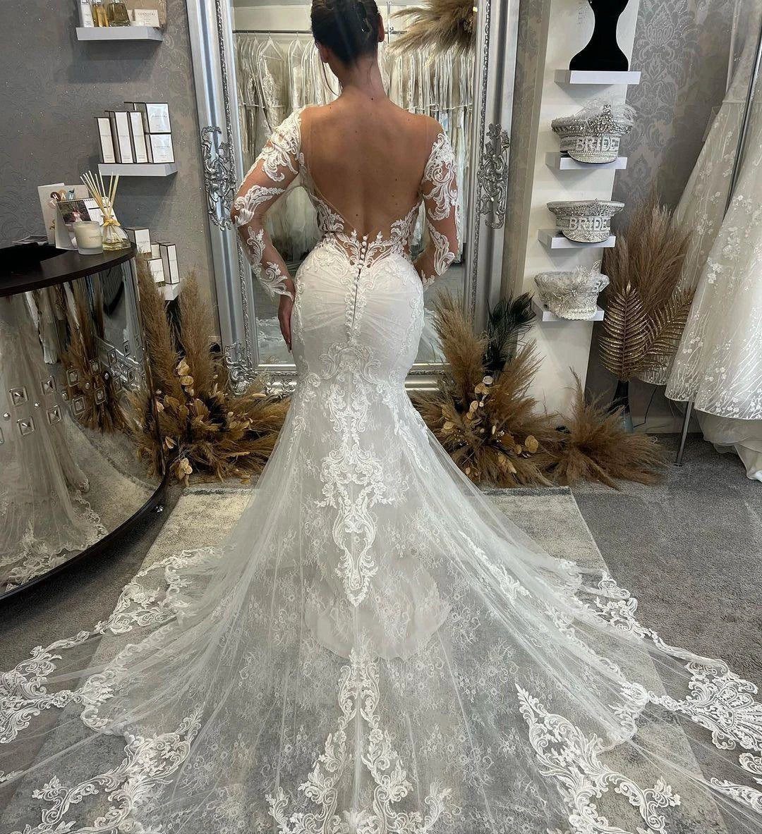 Fabulous Floor Length V-Neck Long Sleeves Mermaid Lace Wedding Dress with Chapel Train by misshow.com