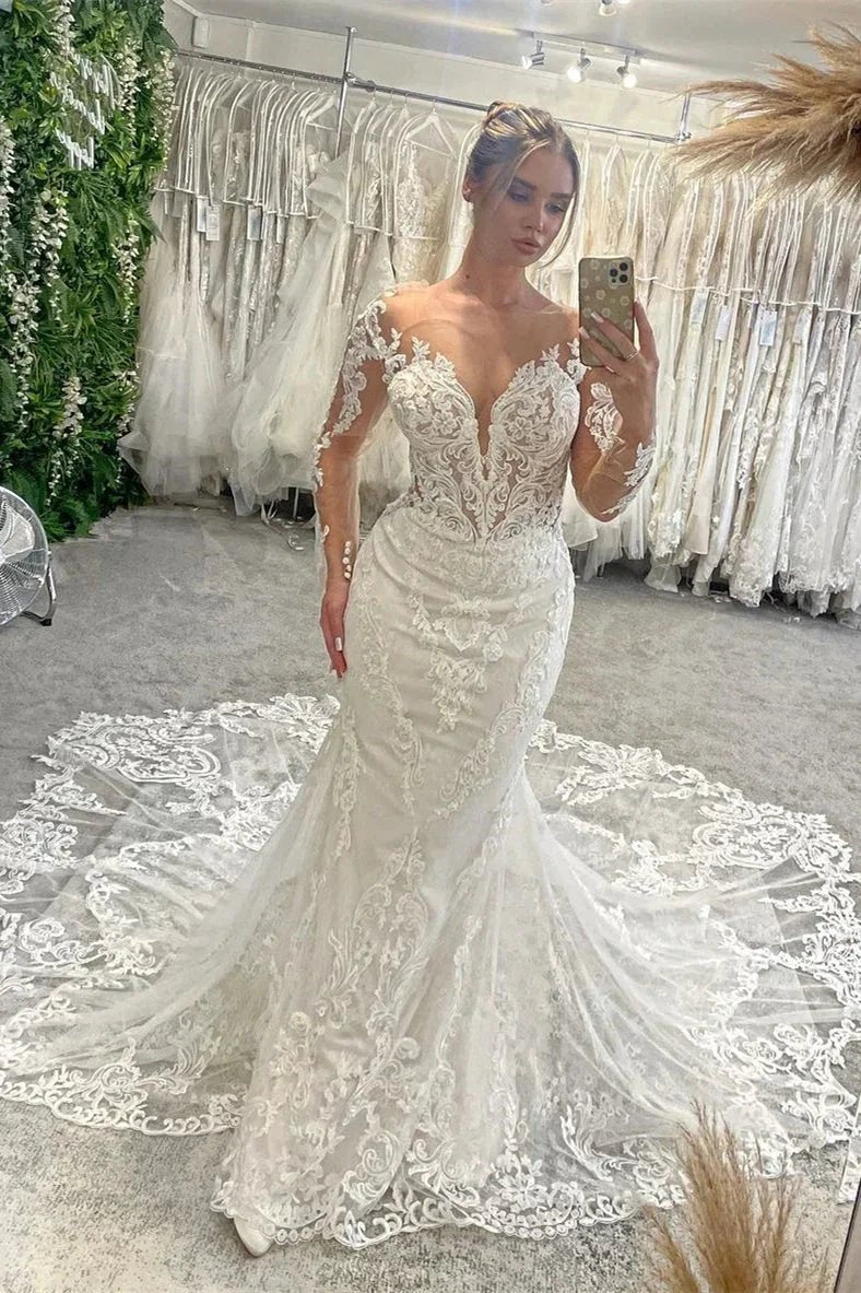 Fabulous Floor Length V-Neck Long Sleeves Mermaid Lace Wedding Dress with Chapel Train by misshow.com