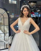 Fabulous Floor Length V-Neck Sleeveless A-Line Tulle Wedding Dress by misshow.com