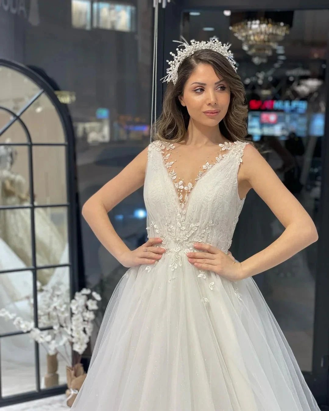 Fabulous Floor Length V-Neck Sleeveless A-Line Tulle Wedding Dress by misshow.com
