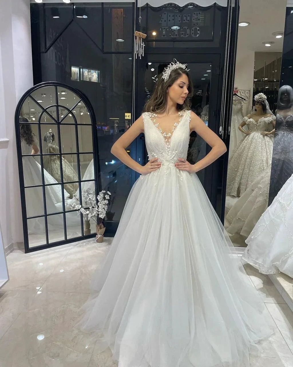 Fabulous Floor Length V-Neck Sleeveless A-Line Tulle Wedding Dress by misshow.com