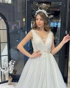 Fabulous Floor Length V-Neck Sleeveless A-Line Tulle Wedding Dress by misshow.com
