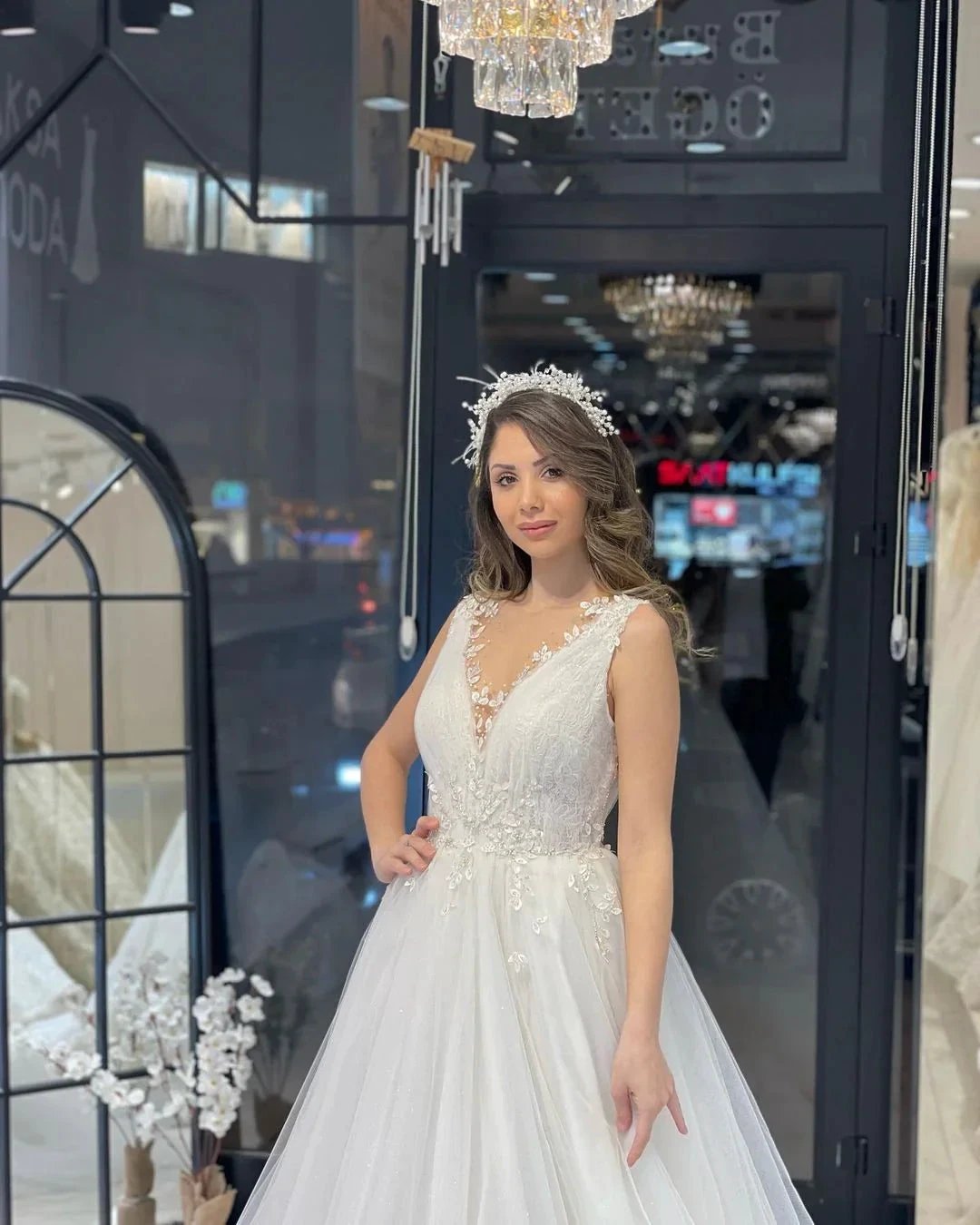 Fabulous Floor Length V-Neck Sleeveless A-Line Tulle Wedding Dress by misshow.com