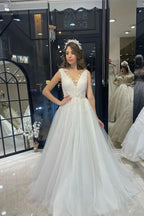 Fabulous Floor Length V-Neck Sleeveless A-Line Tulle Wedding Dress by misshow.com