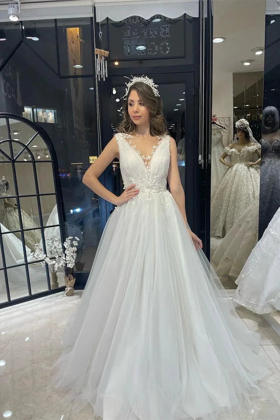 Fabulous Floor Length V-Neck Sleeveless A-Line Tulle Wedding Dress by misshow.com