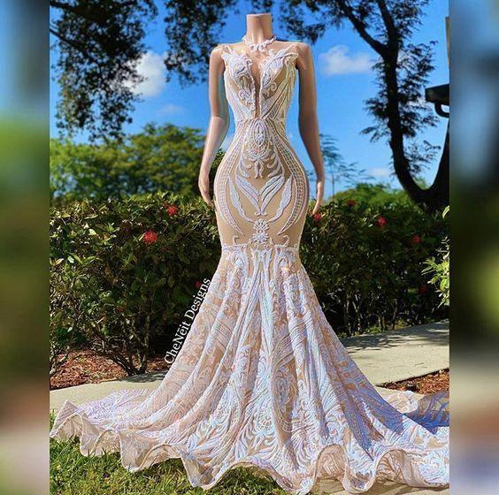 Fabulous High Neck Lace Floor-length Mermaid Prom Dresses by misshow.com