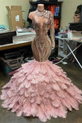 Fabulous High Neck One Shoulder Long Sleeve Transparent Lace Mermaid Prom Dresses by misshow.com