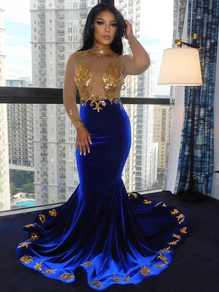 Fabulous High-neck Transparent lace Long Sleeve Appliques Lace Mermaid Prom Dresses by misshow.com