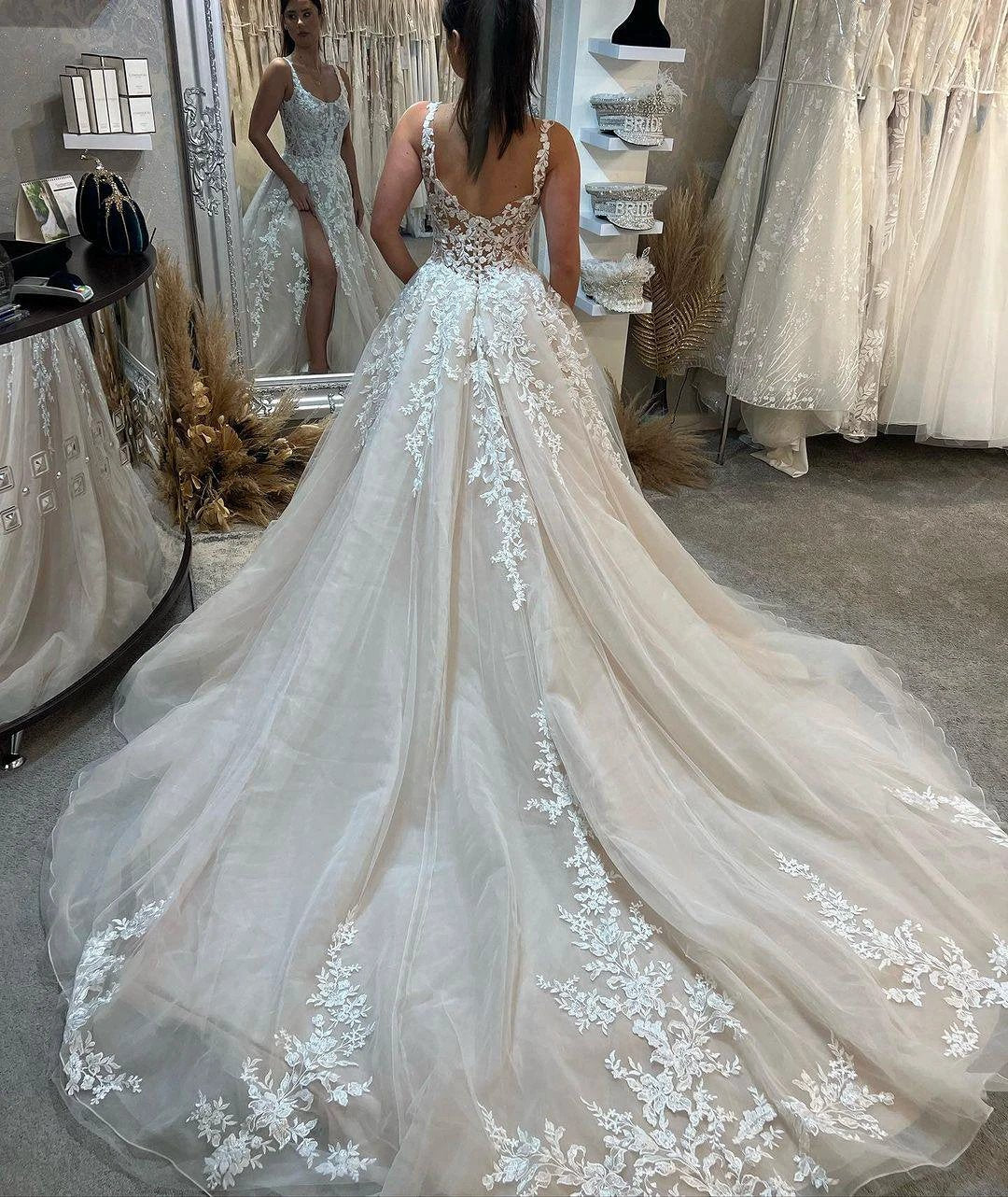 Fabulous Long A-line Sleeveless Lace Wedding Dress With Slit by misshow.com