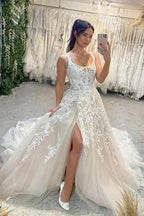Fabulous Long A-line Sleeveless Lace Wedding Dress With Slit by misshow.com