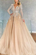 Fabulous Long A-line V-Neck Beading Tulle Prom Dress with Sleeves by BIZTUNNEL