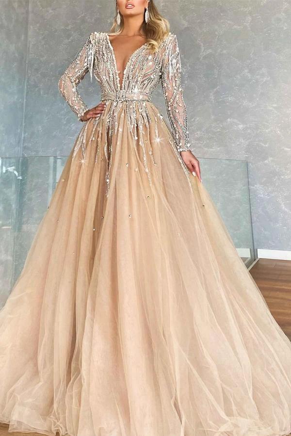 Fabulous Long A-line V-Neck Beading Tulle Prom Dress with Sleeves by BIZTUNNEL