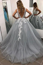 Fabulous Long A-line V-neck Spaghetti Straps Tulle Backless Prom Dress by BIZTUNNEL