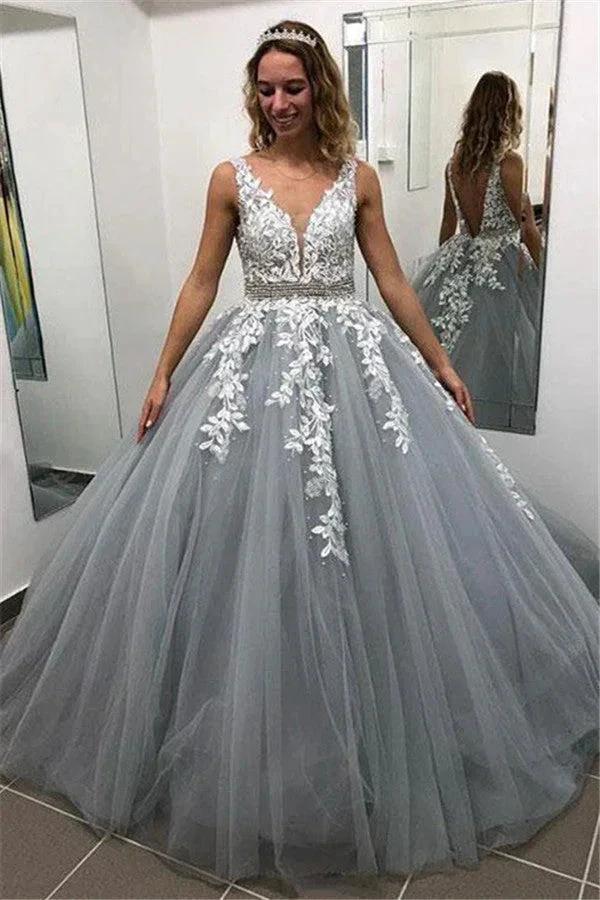 Fabulous Long A-line V-neck Spaghetti Straps Tulle Backless Prom Dress by BIZTUNNEL