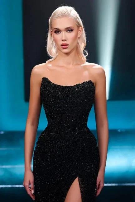 Fabulous Long Black Strapless Sexy Sequined Prom Dress with Slit by misshow.com