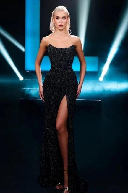 Fabulous Long Black Strapless Sexy Sequined Prom Dress with Slit by misshow.com