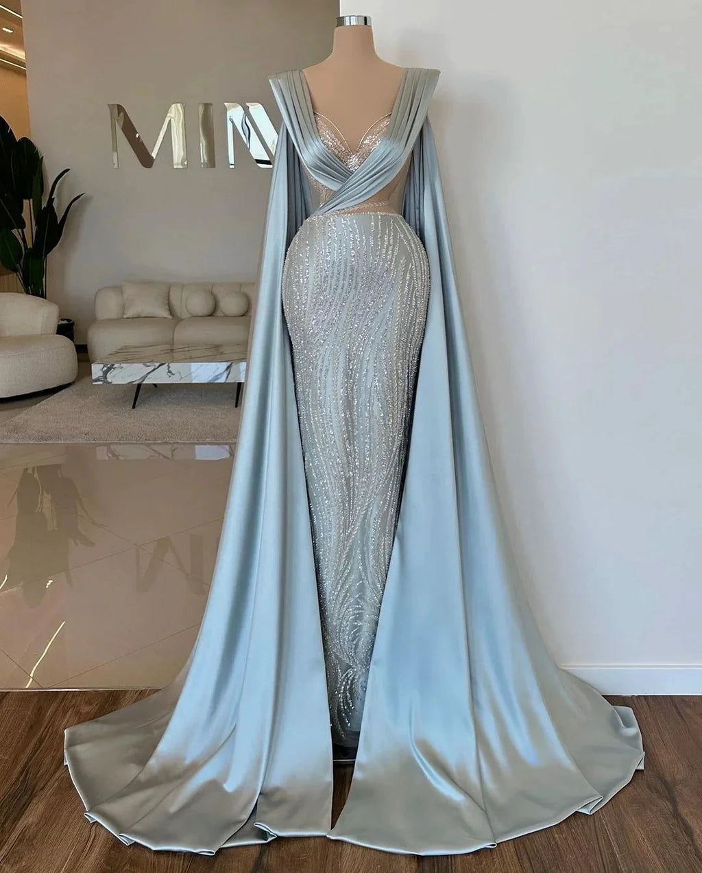 Fabulous Long Blue V-neck Mermaid Sequined Lace Prom Dress With Sleeves by misshow.com