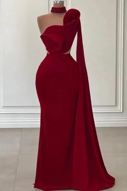 Fabulous Long Burgundy One Shoulder Mermaid Sleeveless Prom Dresses with Ruffles by misshow.com