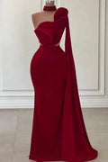 Fabulous Long Burgundy One Shoulder Mermaid Sleeveless Prom Dresses with Ruffles by misshow.com