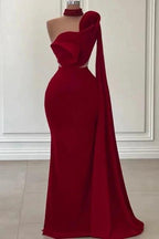 Fabulous Long Burgundy One Shoulder Mermaid Sleeveless Prom Dresses with Ruffles by misshow.com
