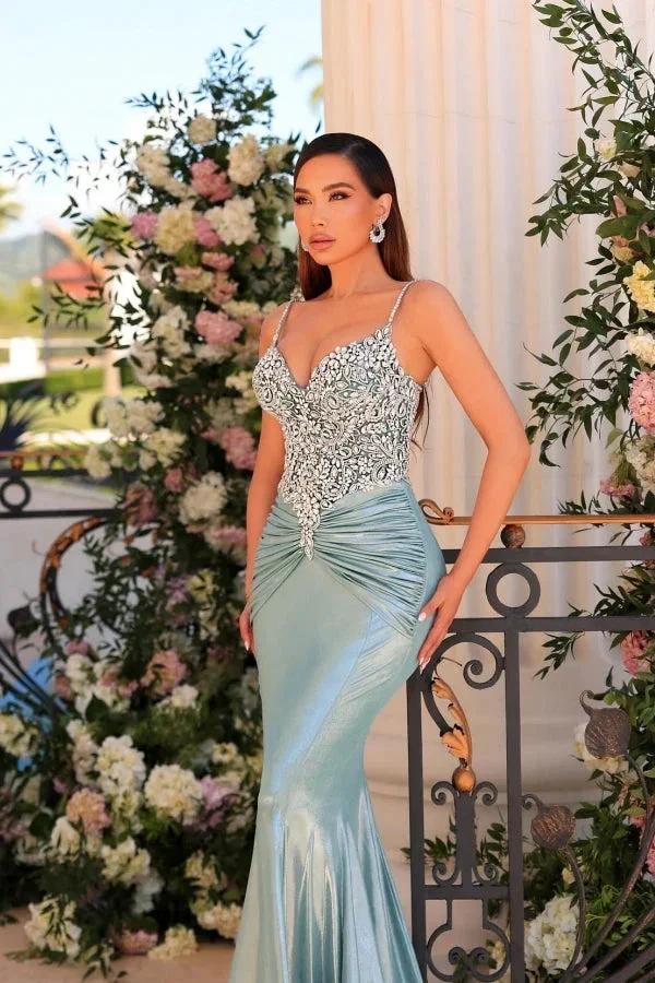 Fabulous Long Green Mermaid Spaghetti Straps Lace Satin Prom Dress by misshow.com