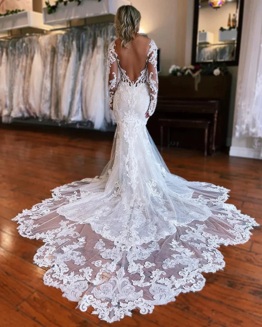 Fabulous Long Mermaid Backless V-neck Lace Wedding Dress With Detachable Train by misshow.com