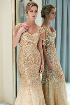 Fabulous Long Mermaid Off-the-shoulder Tulle Sequined Prom Dress by BIZTUNNEL