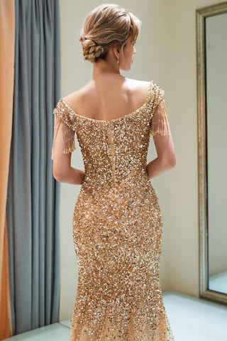 Fabuloso vestido de fiesta largo de sirena con hombros descubiertos de tul y lentejuelas