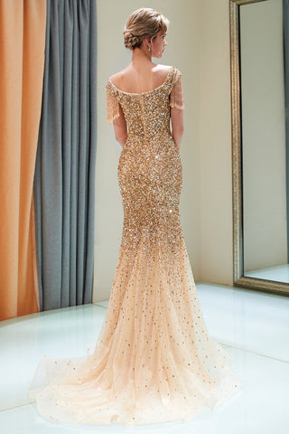 Fabuloso vestido de fiesta largo de sirena con hombros descubiertos de tul y lentejuelas