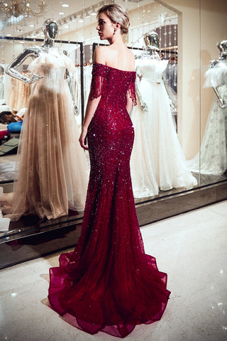 Fabuloso vestido de fiesta largo de sirena con hombros descubiertos de tul y lentejuelas
