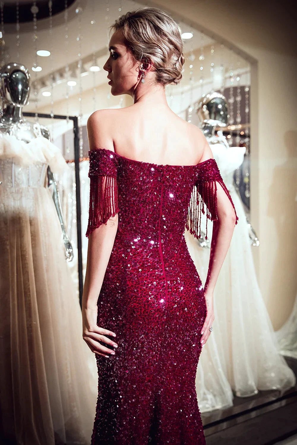 Fabulous Long Mermaid Off-the-shoulder Tulle Sequined Prom Dress by BIZTUNNEL