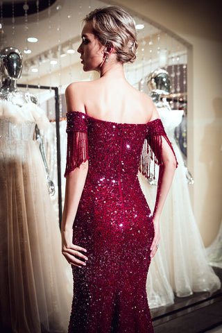 Fabuloso vestido de fiesta largo de sirena con hombros descubiertos de tul y lentejuelas