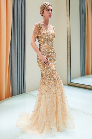 Fabuloso vestido de fiesta largo de sirena con hombros descubiertos de tul y lentejuelas