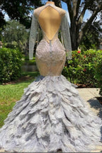 Fabulous Long Mermaid V-neck Sequined Beading Feather Tulle Prom Dress with Sleeves by BIZTUNNEL