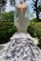 Fabulous Long Mermaid V-neck Sequined Beading Feather Tulle Prom Dress with Sleeves by BIZTUNNEL