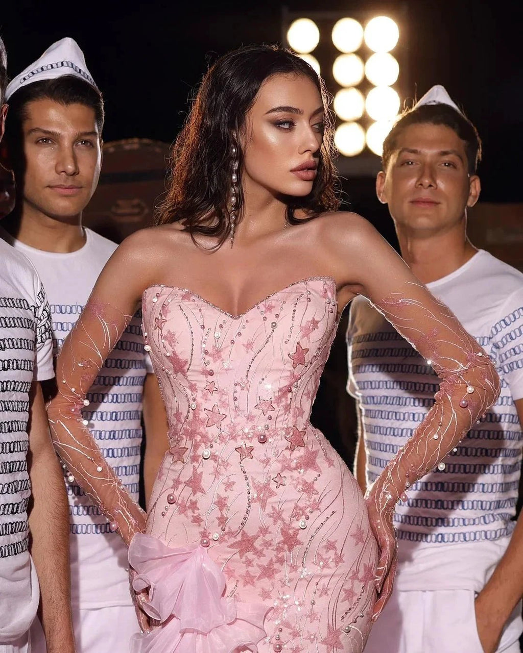 Fabulous Long Pink Mermaid Sleeveless Pearls Prom Dress With Ruffles by misshow.com
