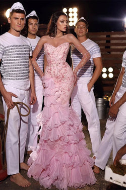 Fabulous Long Pink Mermaid Sleeveless Pearls Prom Dress With Ruffles by misshow.com