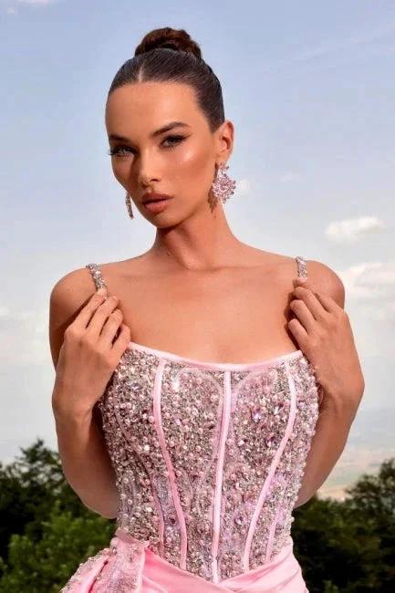 Fabulous Long Pink Mermaid Spaghetti Straps Beading Pearls Satin Prom Dress with Slit by misshow.com