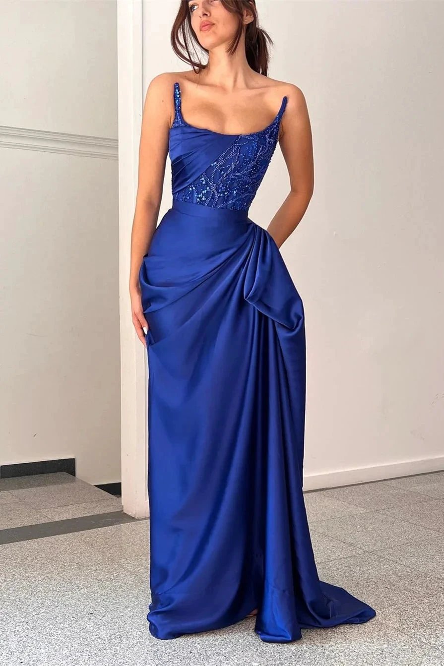 Fabulous Long Royal Blue Sleeveless Sequined Beading Prom Dress With Ruffles by misshow.com