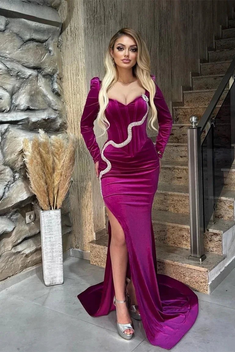 Fabulous Long Sleeves Mermaid Sweetheart Velvet Formal Prom Dresses with Slit by BIZTUNNEL
