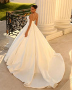 Fabulous Long White A-line Spaghetti Straps Satin Wedding Dress by misshow.com