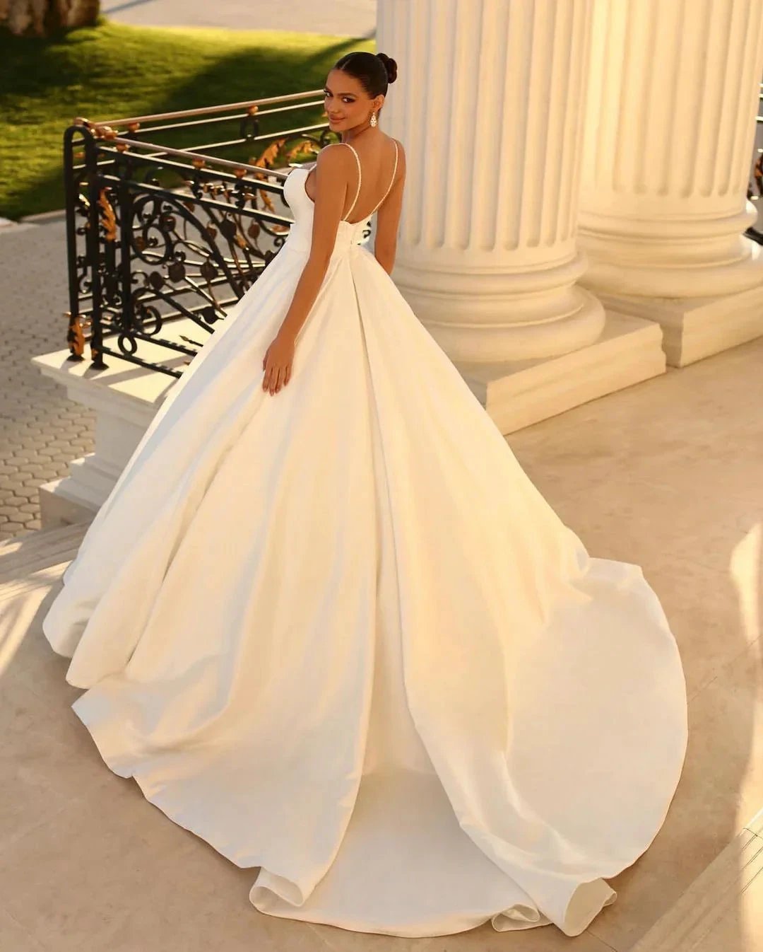 Fabulous Long White A-line Spaghetti Straps Satin Wedding Dress by misshow.com