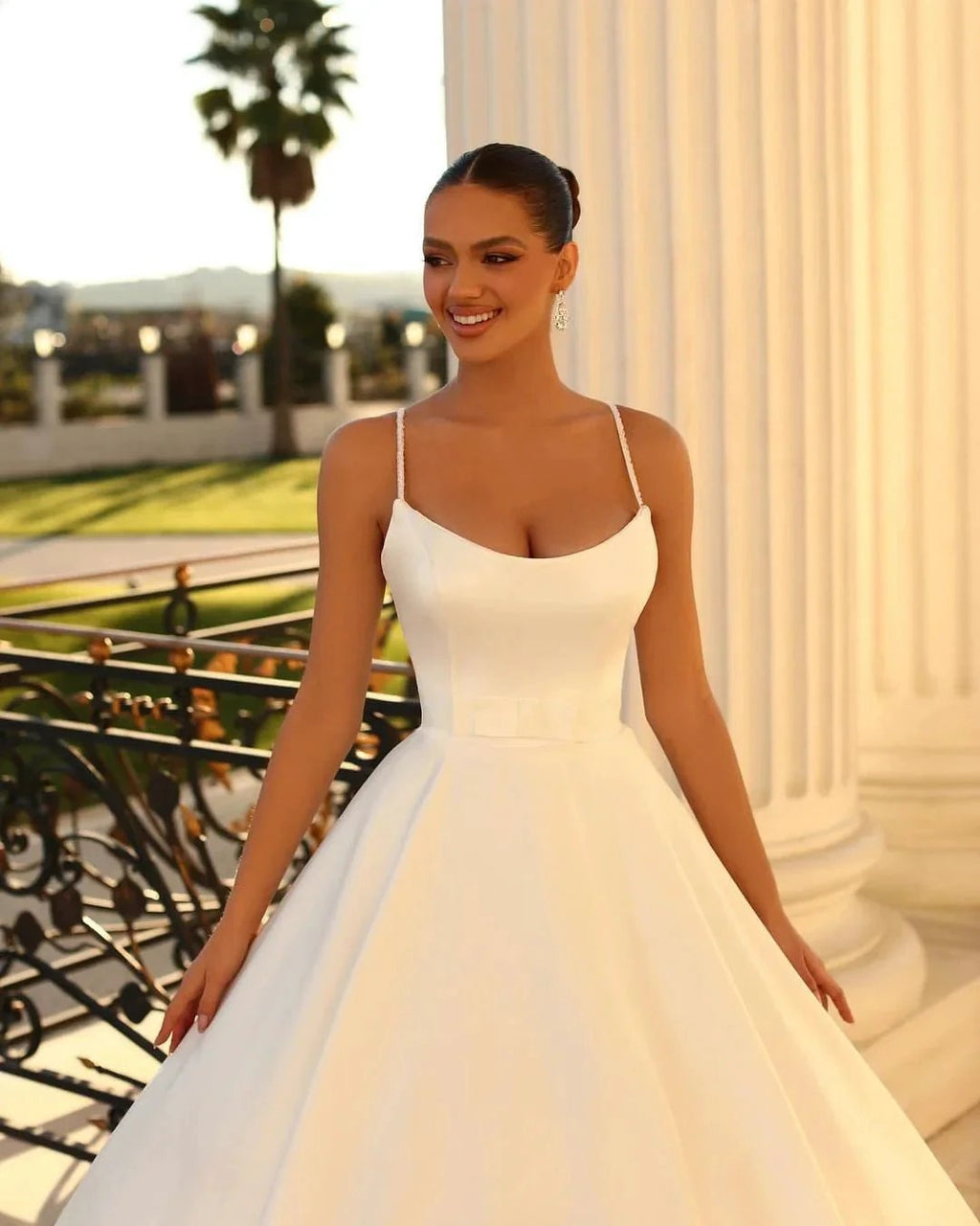 Fabulous Long White A-line Spaghetti Straps Satin Wedding Dress by misshow.com