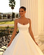 Fabulous Long White A-line Spaghetti Straps Satin Wedding Dress by misshow.com