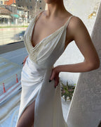 Fabulous Long White V-neck Pearls Sleeveless Prom Dress With Slit